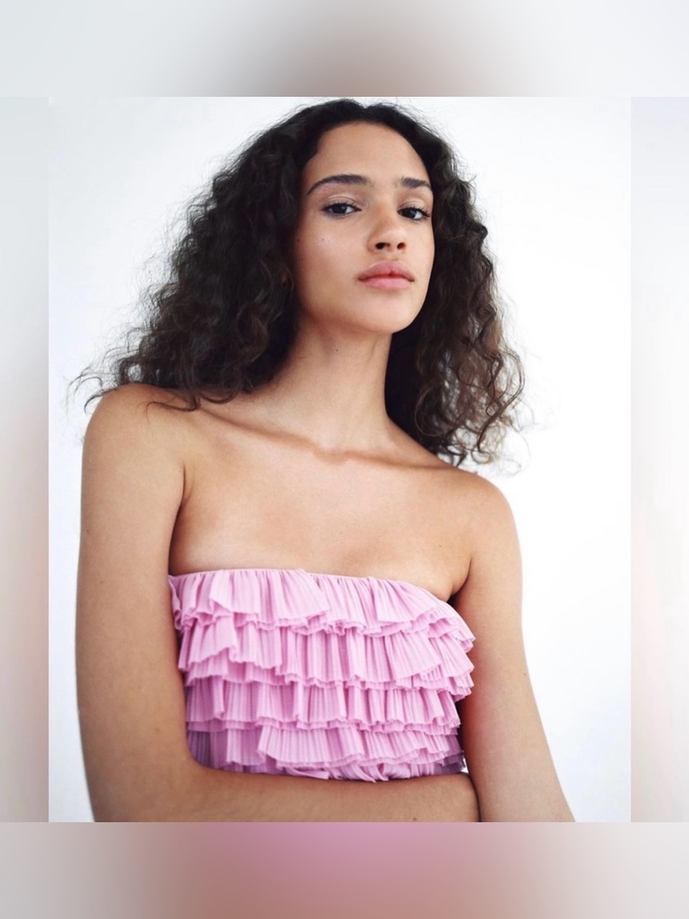 Zara Ruffled Strapless Bandeau Top in Light Pink